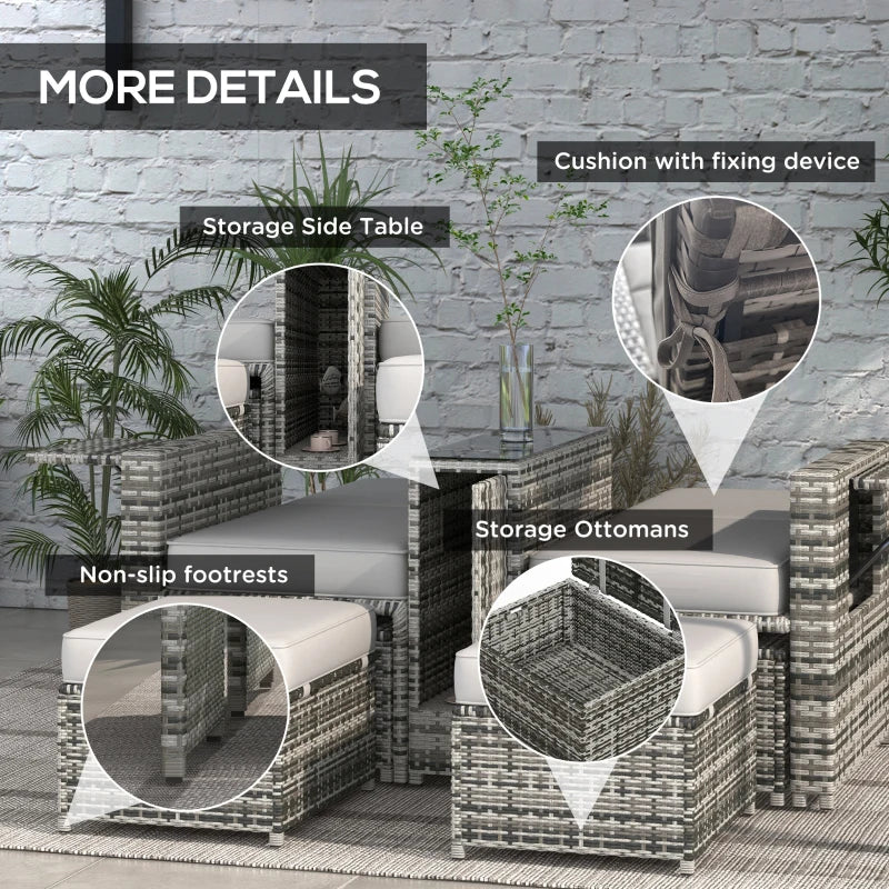 Image of a grey rattan outdoor garden furniture set with 2 reclining armchairs, footstools, storage and a drinks table
