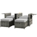 Image of a grey rattan outdoor garden furniture set with 2 reclining armchairs, footstools, storage and a drinks table