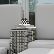 Image of a grey rattan outdoor garden furniture set with 2 reclining armchairs, footstools, storage and a drinks table