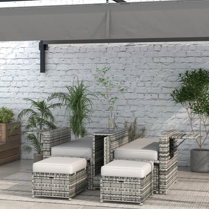 Image of a grey rattan outdoor garden furniture set with 2 reclining armchairs, footstools, storage and a drinks table