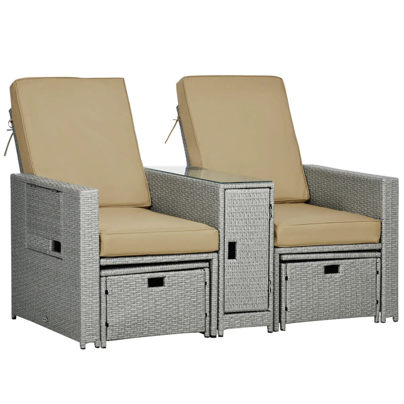 Rattan Garden Reclining Lounger Set with Footstools and Side Table Khaki Beige
