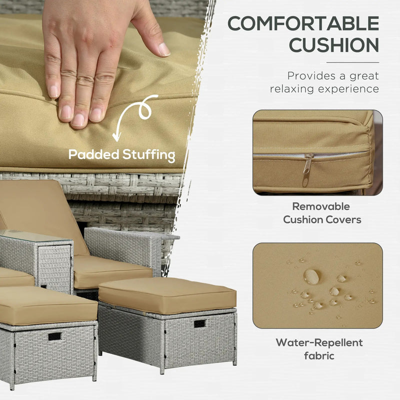 Rattan Garden Reclining Lounger Set with Footstools and Side Table Khaki Beige