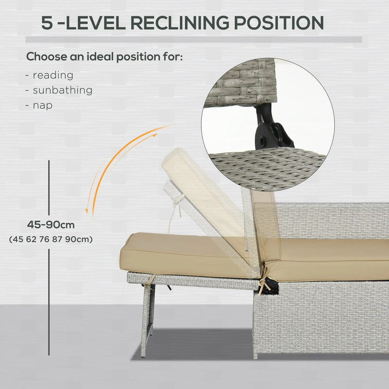 Rattan Garden Reclining Lounger Set with Footstools and Side Table Khaki Beige