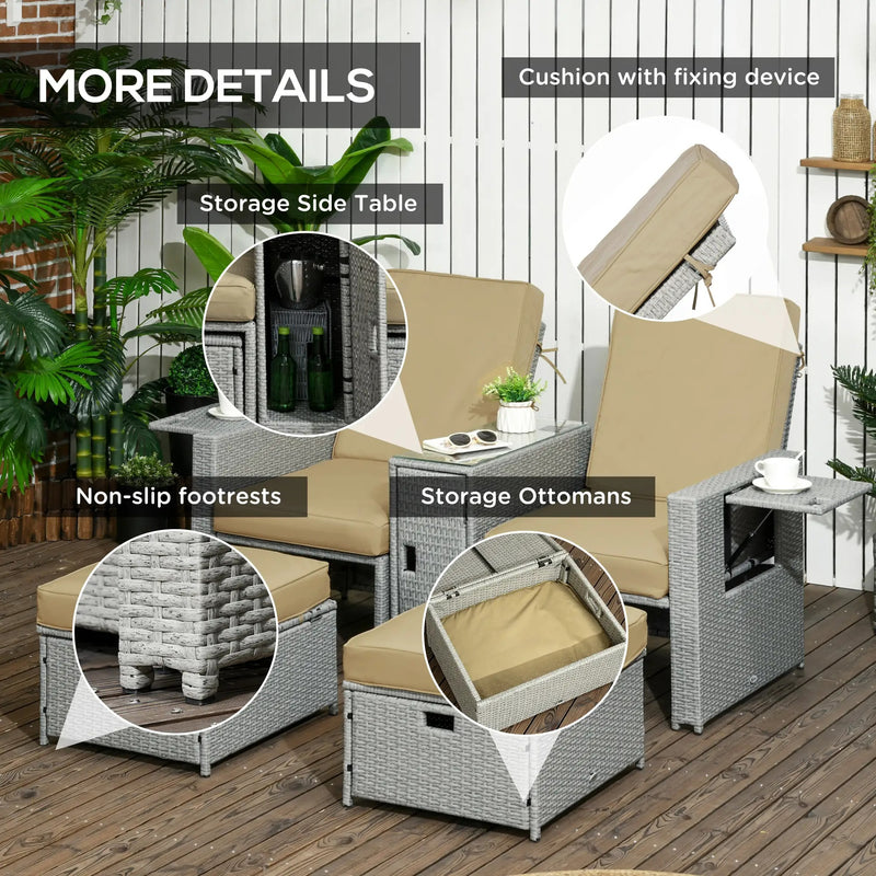 Rattan Garden Reclining Lounger Set with Footstools and Side Table Khaki Beige