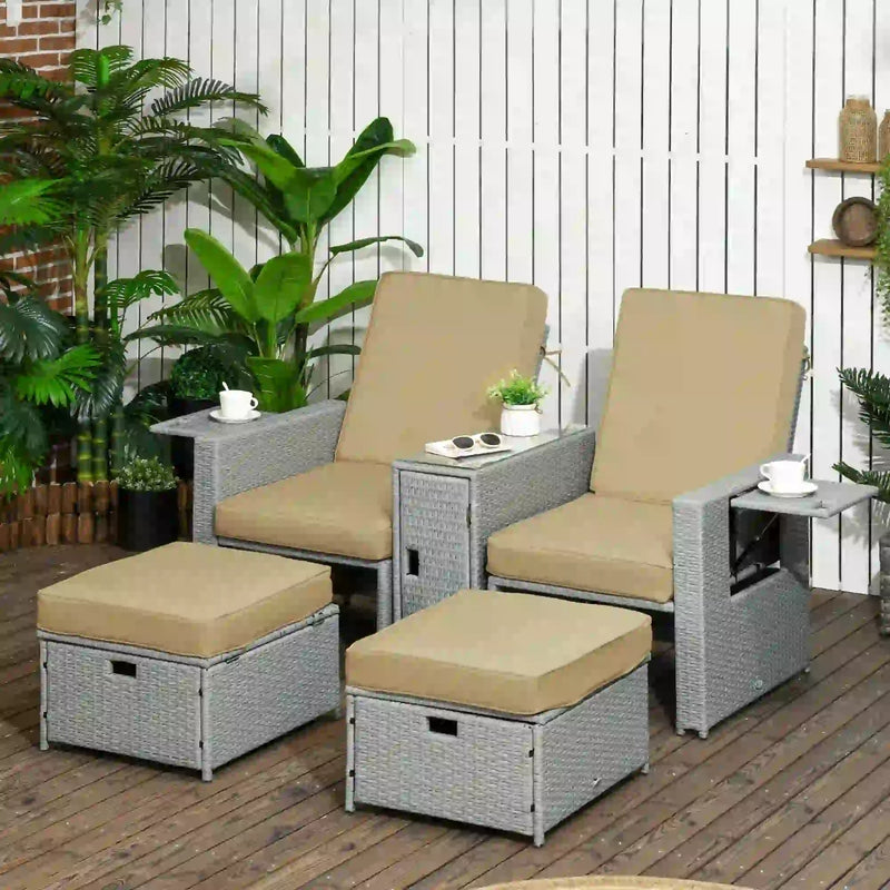 Rattan Garden Reclining Lounger Set with Footstools and Side Table Khaki Beige