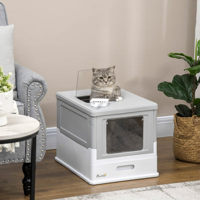 Hooded Cat Litter Box With Scoop and Front Entry Portable Pet Toilet For Indoor Use, Grey