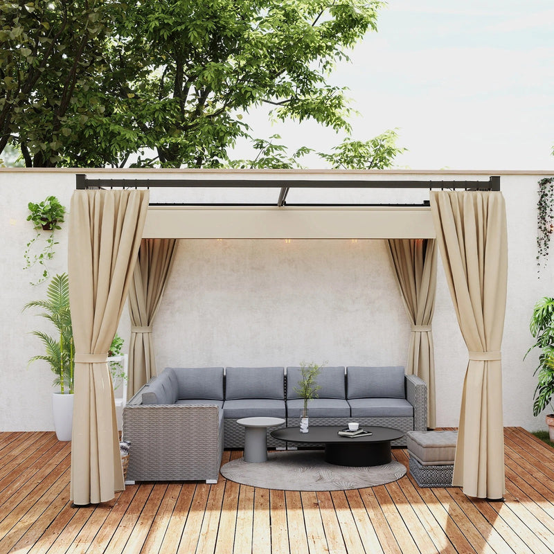 Retractable Pergola, Sliding Canopy Roof with Privacy Curtains, Metal Frame, Freestanding, 3x3m, Beige