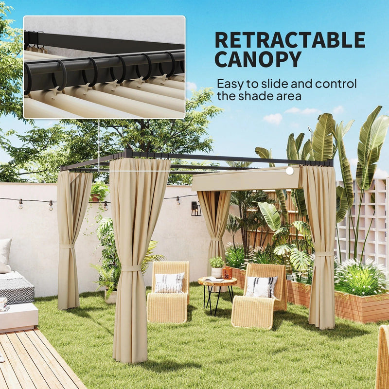 Retractable Pergola, Sliding Canopy Roof with Privacy Curtains, Metal Frame, Freestanding, 3x3m, Beige