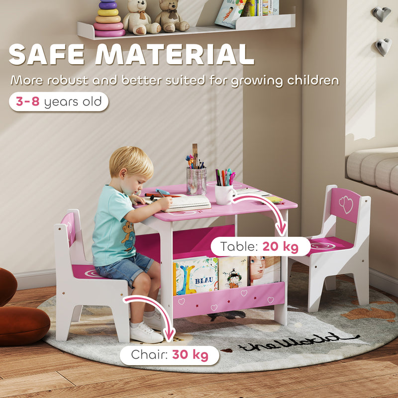 3 Piece Kids Table and Chair Set With Storage Shelves For Playroom Or Nursery Pink AOSOM
