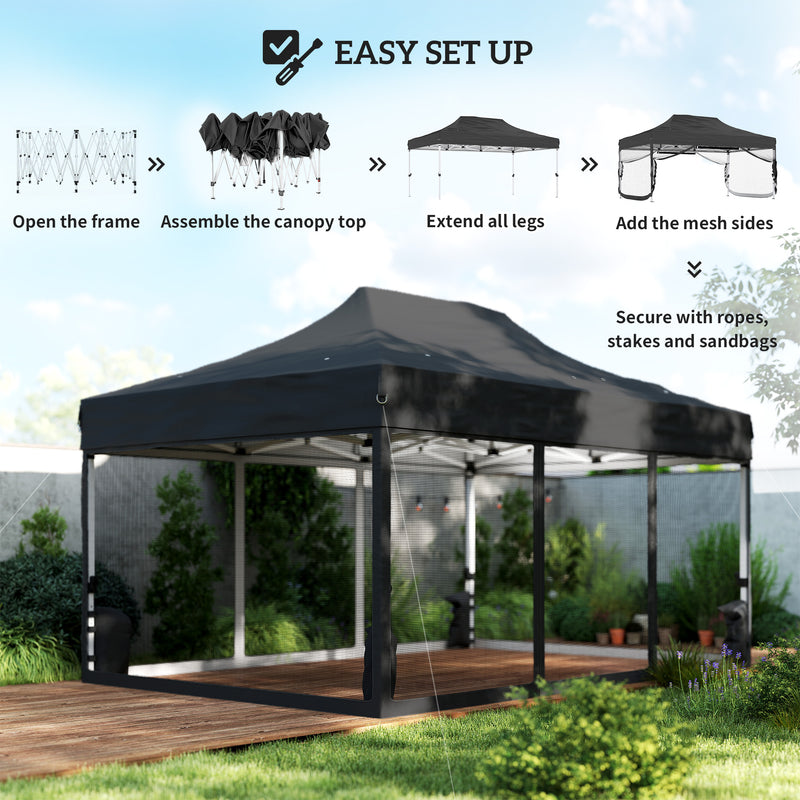 Pop Up Gazebo with Mesh Sides for Quick Garden Shelter and Sun Protection Black Outsunny