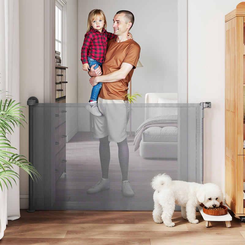 Retractable Dog Gate for Doorways and Stairs with One-Handed Operation Grey AOSOM