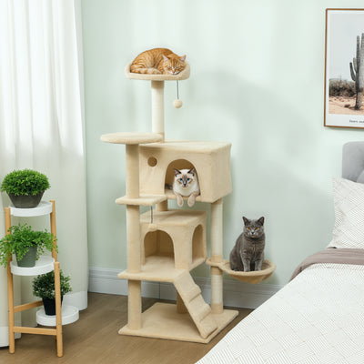 Large Cat Tree Tower with Hammock Condos and Scratching Posts for Indoor Cats Beige AOSOM