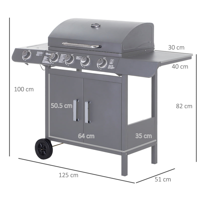 4+1 Burner Gas BBQ Grill with Warming Rack and Storage for Garden and Camping by Outsunny
