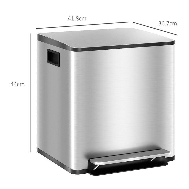 Double Bin For Kitchen Bin with Dual Compartments for Rubbish and Recycling, Stainless Steel, Silver Homcom