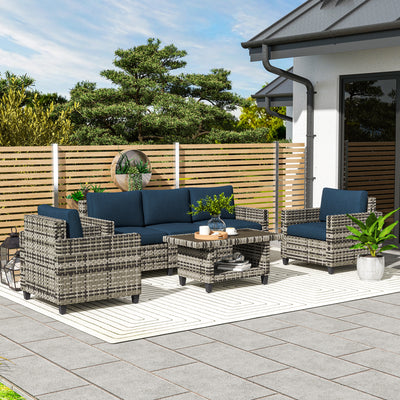 6 Seater Rattan Garden Furniture Set with Cushions Navy Blue by Outsunny