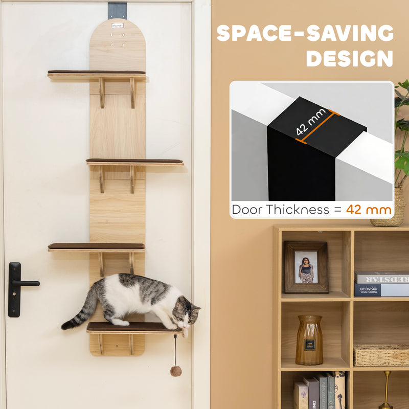 4 Level Door Mounted Cat Tree With Plush Mats And Toys For Indoor Climbing Grey