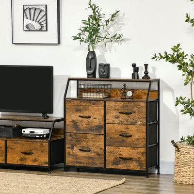 Industrial 5 Drawer Fabric Chest with Open Shelf for Bedroom or Living Room Storage Rustic Brown