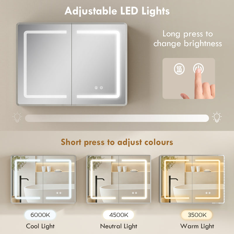 Bathroom Mirror Cabinet with Adjustable LED Lights and Demister Pad for Organised Storage Silver