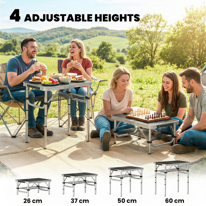 Folding Camping Table with Adjustable Height and Mesh Storage for Outdoor Meals Black and Silver