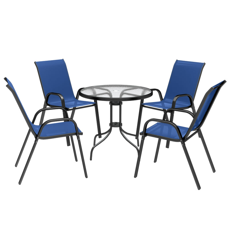 4 Seater Garden Furniture Set with Stackable Chairs and Easy Clean Round Glass Table for Outdoor Use Dark Blue Outsunny