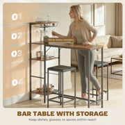 Breakfast Bar Table and Stools Set with Shelving and Glass Racks for Small Kitchens Rustic Brown AOSOM