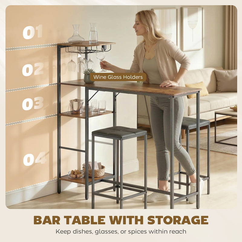 Breakfast Bar Table and Stools Set with Shelving and Glass Racks for Small Kitchens Rustic Brown AOSOM