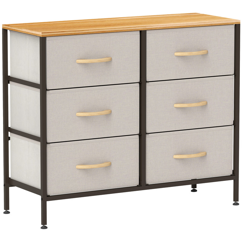 Cream White Fabric Chest of Drawers with 6 Storage Drawers and Wooden Top by HOMCOM