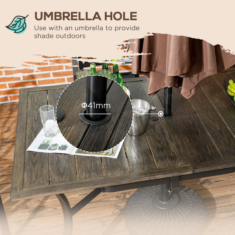 Six Seater Steel Rectangular Garden Table With Parasol Hole Wood Effect Ideal For Outdoor Dining