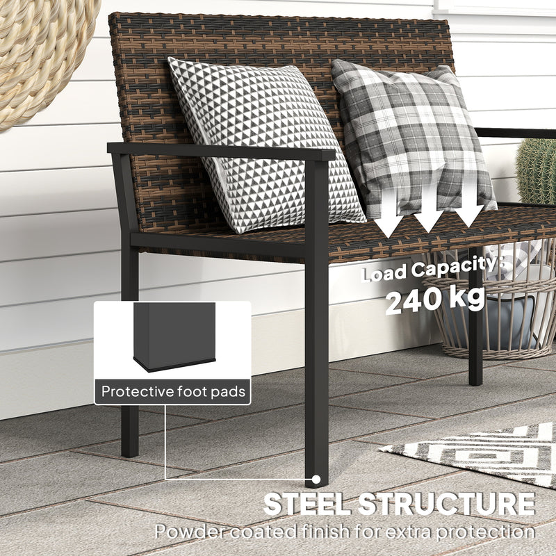 2 Seater Rattan Garden Bench with Cushions and Steel Frame for Patio or Park by Outsunny