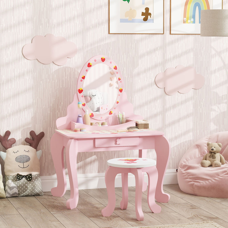 Pink Kids Dressing Table Set With Stool Mirror and Storage Strawberry Theme by AIYAPLAY
