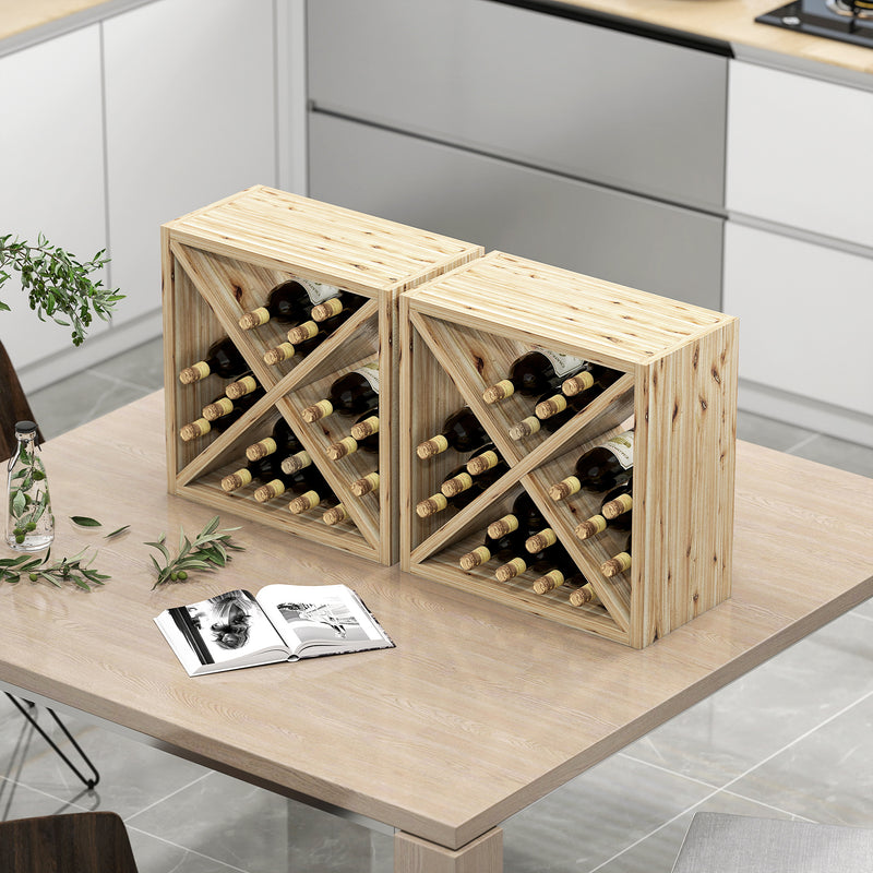 Set of 2 Wooden Wine Racks for 24 Bottles Each Ideal for Tabletop Storage Natural Wood AOSOM