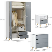 3 Piece Bedroom Furniture Set With Wardrobe And Storage Drawers For Home, Grey and White AOSOM