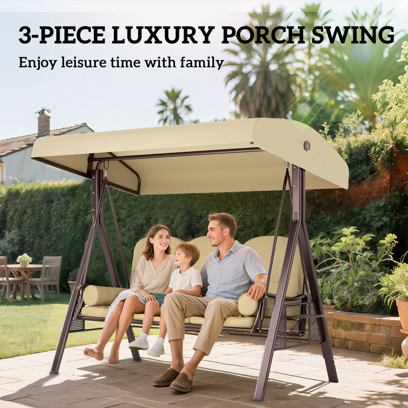 Patio Swing - 3 Seater Garden Swing Chair With Tilting Canopy For Patio Or Lawn Relaxing, Brown