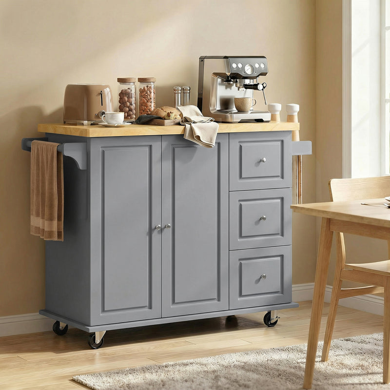 Grey Mobile Kitchen Island Trolley With Drop Leaf, Storage Shelves, Drawers, and Rubber Wood Counter Top For Easy Meal Prep