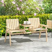 Wooden Garden Bench for Two with Middle Table and Parasol Hole Natural Finish Outsunny