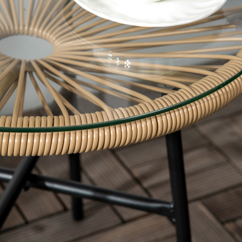 Beige Rattan Round Garden Side Table With Tempered Glass Top For Patio Balcony Or Outdoor Use