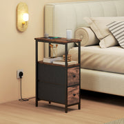 Slim Bedside Table With USB Charging Station and 2 Storage Drawers For Bedroom or Living Room, Industrial Style