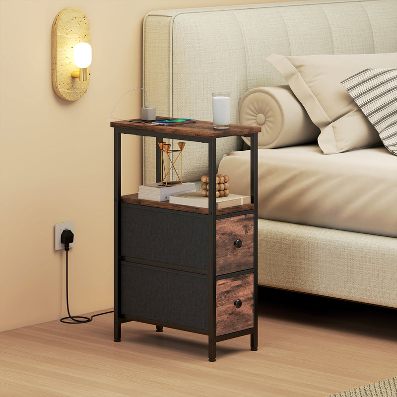 Slim Bedside Table With USB Charging Station and 2 Storage Drawers For Bedroom or Living Room, Industrial Style