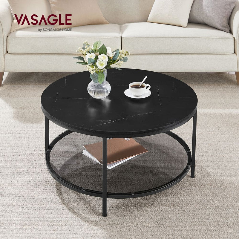 Round Faux Marble Coffee Table with Shelf