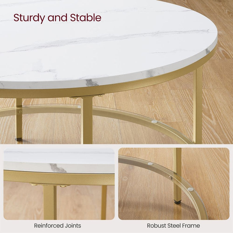 Round Faux Marble Coffee Table with Shelf