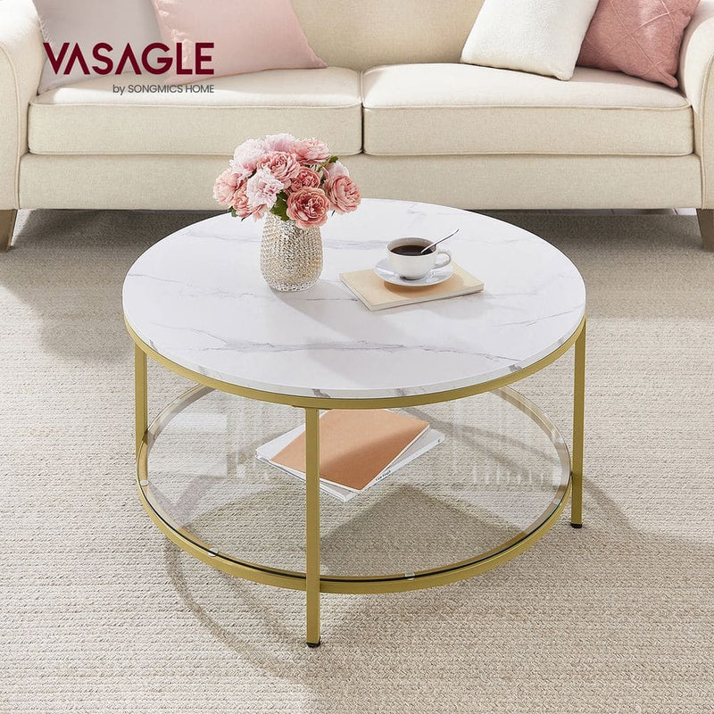 Round Faux Marble Coffee Table with Shelf
