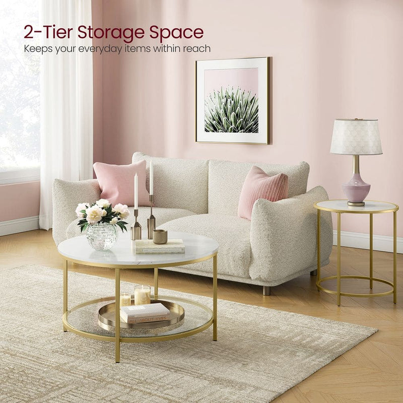 Round Faux Marble Coffee Table with Shelf