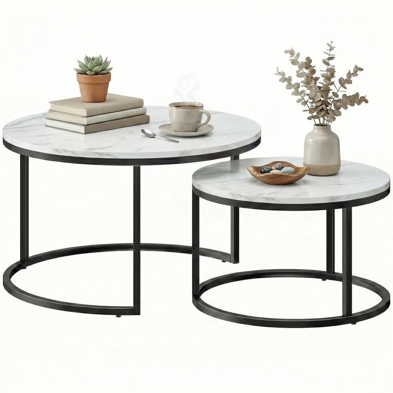 Round Nesting Coffee Tables For Living Room Marble Effect Tops With Steel Frame for Modern Homes Homcom