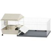 Small Animal Cage with Playpen Waterproof Pad and Hay Feeder 108 x 71 x 57cm Beige by PawHut