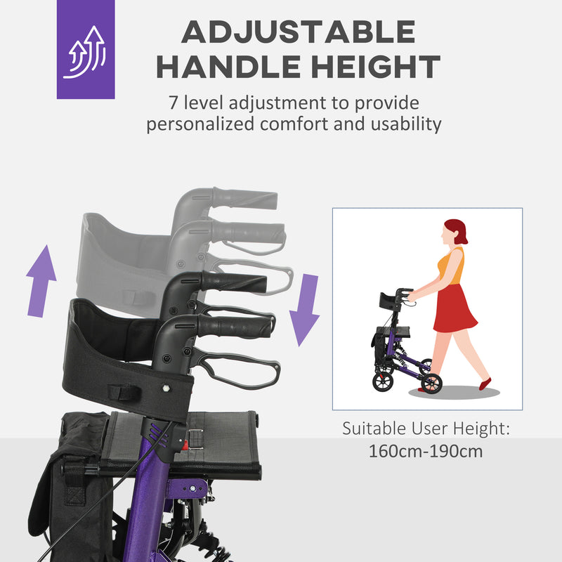 Lightweight Folding Rollator Walker with Seat Backrest Storage and Brakes for Seniors Purple by HOMCOM AOSOM