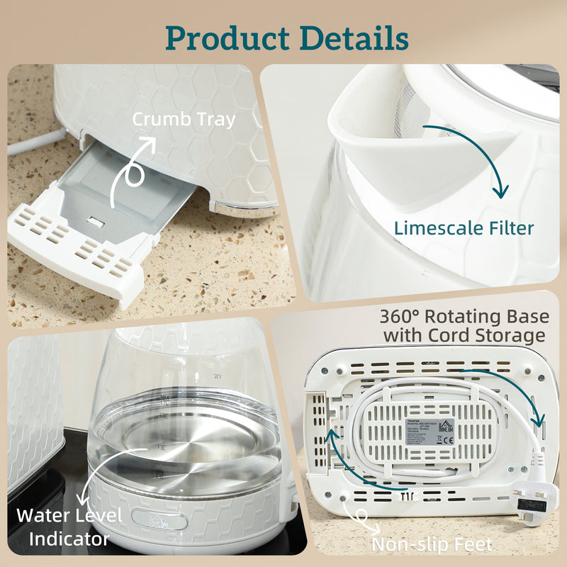 1.7L Rapid Boil Kettle and 2 Slice Toaster Set With Browning Control Cream AOSOM