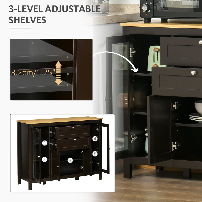 Buffet Sideboard Cabinet, Adjustable Shelves, Glass Doors for Organised Home Storage Oak Top, Black/Brown