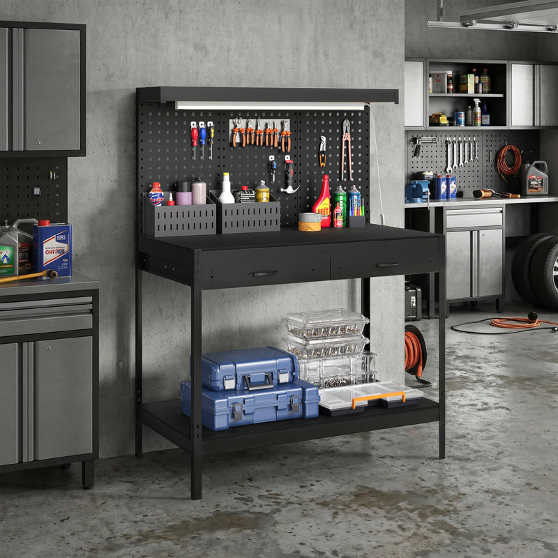 Workbench with Storage, LED Light and Power Outlets for Garage or Workshop Black AOSOM