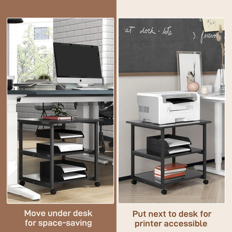 Three Tier Steel Printer Stand on Wheels for Home Office Storage, Black