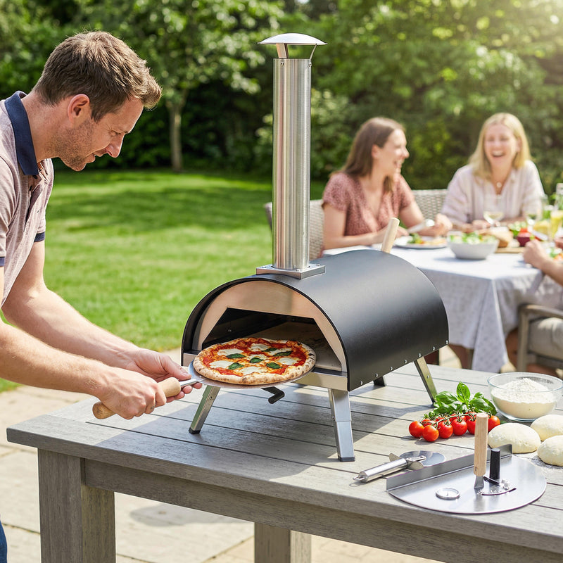 Wood Fired Outdoor Pizza Oven for Fast Even Cooking with Rotating Stone for Garden or Patio, Black Outsunny